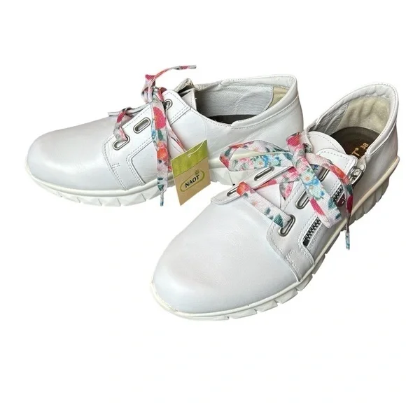 NAOT Eliot’s Top Quality White Leather Lace Up Side Zip Slip Sneakers - Picture 15 of 16